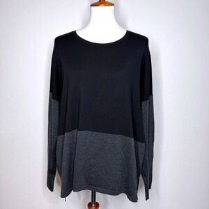 EILEEN FISHER Lyocell Sweater Tunic LG Colorblock Black Gray Boxy Oversized Ltwt